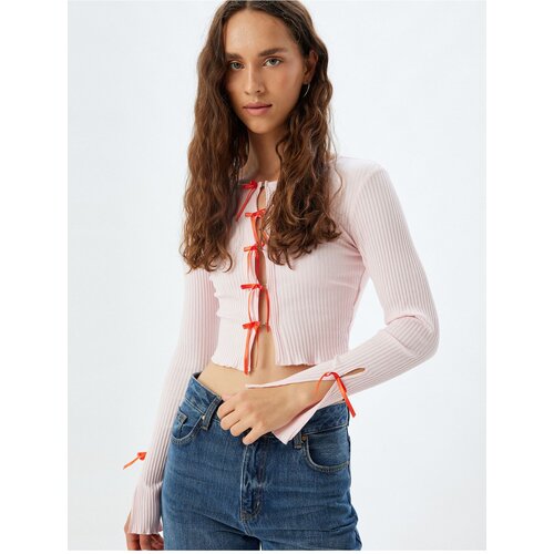 Koton Bow Crop Cardigan Ribbed Slim Fit Long Sleeve Round Neck Cotton Slike
