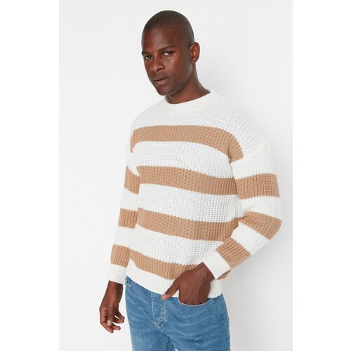 Trendyol Camel Men's Oversize Fit Wide Fit Crew Neck Striped Knitwear Sweater Slike
