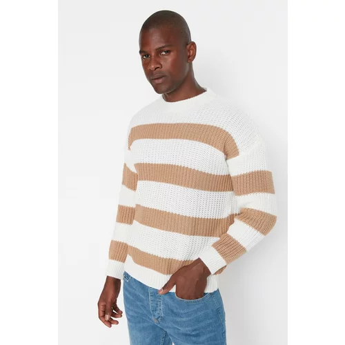 Trendyol Camel Men's Oversize Fit Wide Fit Crew Neck Striped Knitwear Sweater