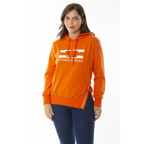 Şans Women's Plus Size Orange Stone And Print Detail Hooded Side Slit Sweatshirt Cene