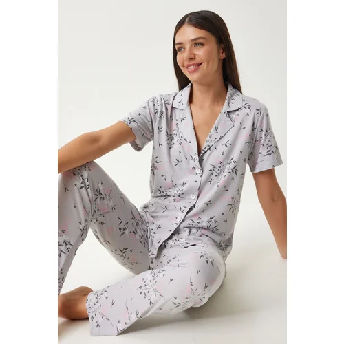 Happiness İstanbul Women's Gray Patterned Shirt and Pants Pajama Set