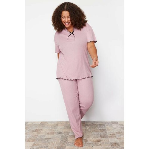 Trendyol Curve Pale Pink Bow Detailed Camisole Knitted Pajamas Set Slike