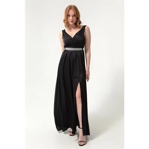 Lafaba Women's Black Double Breasted Collar With Stones and Belt Long Evening Dress.