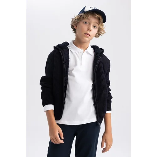 Defacto Boy's Navy Blue Hooded Knitwear School Cardigan