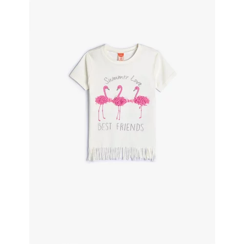 Koton Short Sleeve Tasseled T-Shirt Crew Neck Appliqué Flamingo Printed Cotton