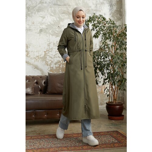 InStyle Highlighted Striped Pattern Long Trench Coat - Khaki Cene