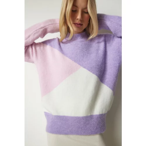 Happiness İstanbul Women's Purple Pink Color Block High Neck Knitwear Sweater