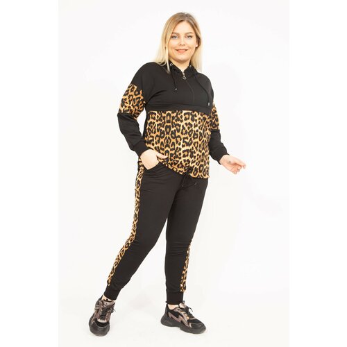 Şans women's black plus size leopard garnish hooded sweatshirt trousers suit Slike