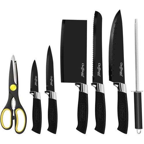 Cheffinger Set nožev 7 kosov, lahki in proti koroziji, s stojalom, ?rna / Srebrna, (21552965) Cene