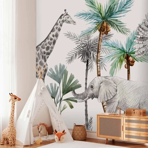  Foto tapeta - Jungle Animals Wallpaper for Children\&amp;#039;s Room in Cartoon Style 450x315 Vodootporna Slike