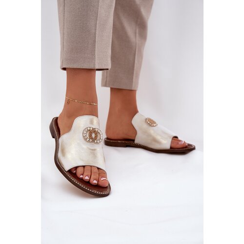Zazoo Elegant Ladies Leather Slippers With Decoration 3008 Aged Gold Cene