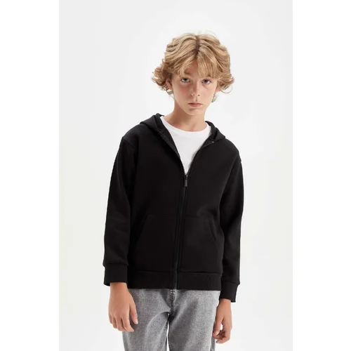 Defacto Boy Basic Plain Black Hooded Zippered Pocket School Cardigan