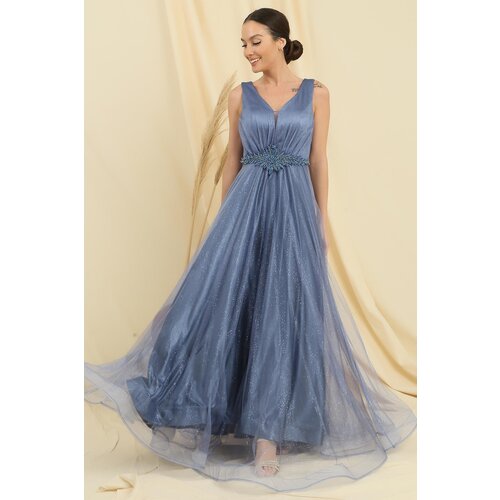 By Saygı V-Neck Waist Stone Lined Top Silvery Inner Satin Long Princess Dress Slike