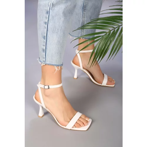 Shoeberry Women's Venna White Skin Single Strap Heeled Shoes