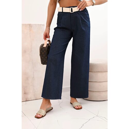 Kesi Włoski Women's cotton pants with wide legs and a belt - denim Cijene