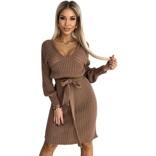 Numoco Openwork sweater dress with neckline and tie Slike