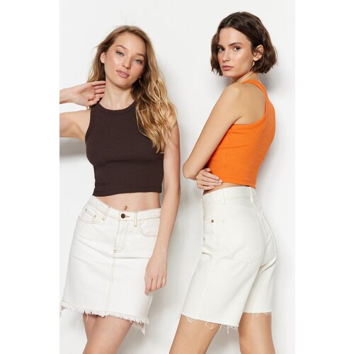 Trendyol Brown-Orange 2-Pack Fitted Crop, Corduroy, Stretchy Knit Undershirt Slike