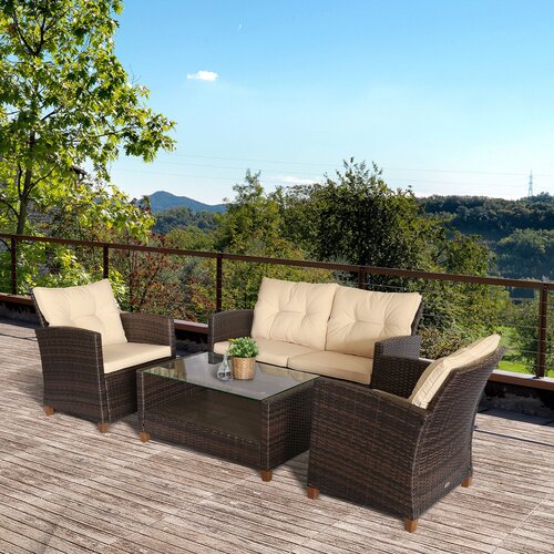Outsunny 4 kosi vrtnega pohištva iz ratana PE in mizica za kavo, kavč in naslanjači, oblazinjeni rjava in bež barva 124x68x76cm, (20752898) Cene
