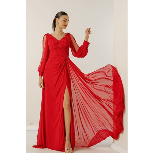 By Saygı V-Neck Long Evening Chiffon Dress with Draping and Lined Sleeves. Slike
