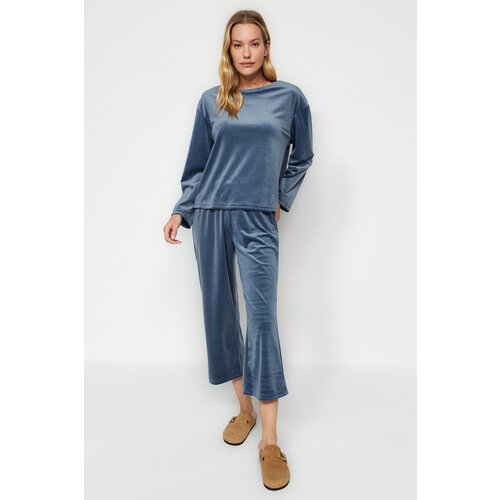 Trendyol Blue Velvet Tshirt-Capri Knitted Pajamas Set Cene
