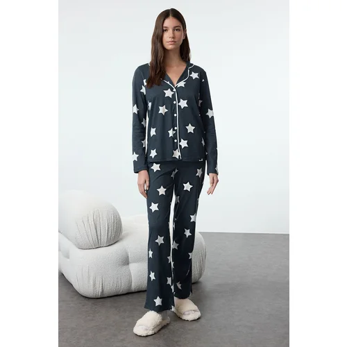 Trendyol Navy Blue 100% Cotton Star Patterned Piping Detailed Knitted Pajamas Set