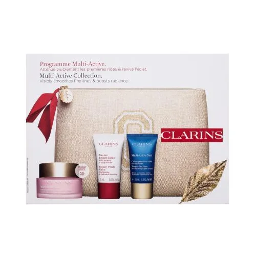 Clarins Multi-Active Collection Set dnevna krema za obraz Multi-Active Day 50 ml + nočna krema za obraz Multi-Active Night 15 ml + balzam za obraz Beauty Flash Balm 15 ml + ekološka kozmetična torbica za ženske