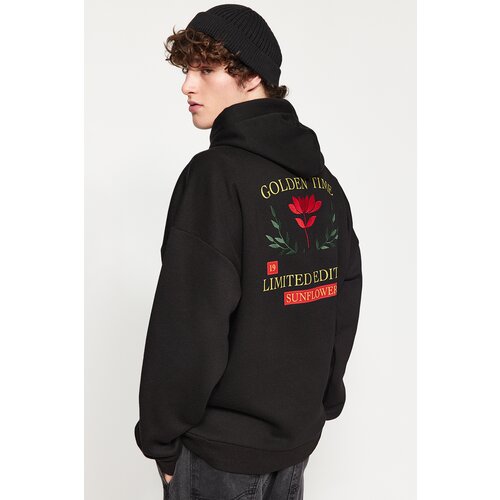 Trendyol Men's Black Oversize Hoodie with Floral Print and Embroidery Soft Pillow Sweatshirt. Cene