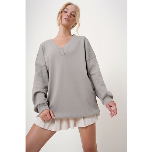 Trend Alaçatı Stili Women's Stone V Neck Snap Detail Oversize Sweatshirt Cene