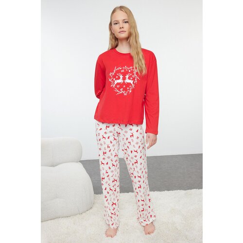 Trendyol Red 100% Cotton Christmas Themed Knitted Pajama Set Slike