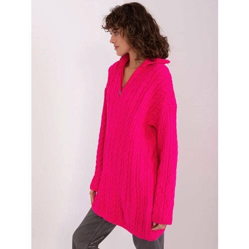 Fashion Hunters Fluo pink women's sweater with cables Slike