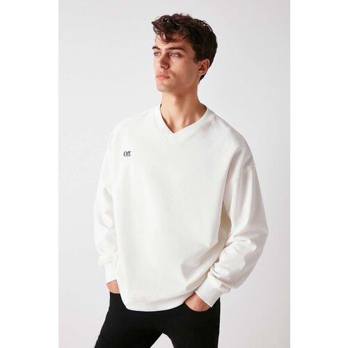 Grimelange Men&amp;#039;s Off-Neck V-Neck Text Embroidered Fleece Inner Sweatshirt Slike