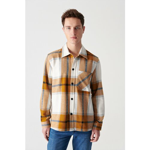 Avva Men's Mustard Plaid Classic Collar Overshirt Pocket Snap Fastener Jacket Coat Slike