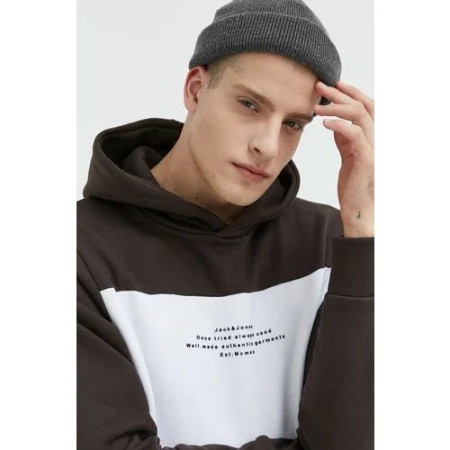 Jack & Jones Dukserica za muškarce, boja: smeđa, s kapuljačom, s tiskom