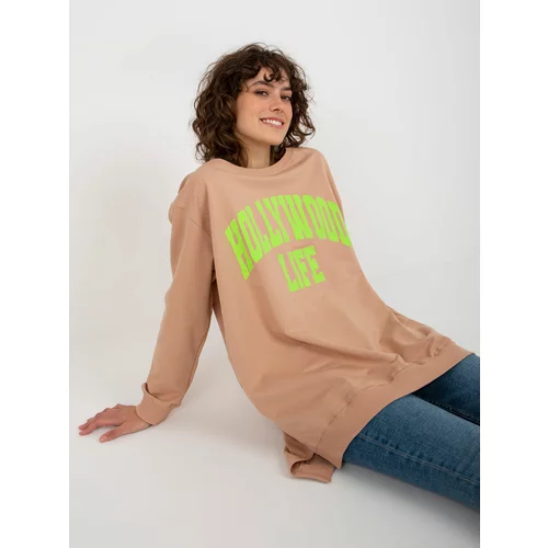 Fashion Hunters Beige and green oversize long sweatshirt with inscription