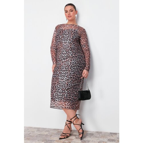 Trendyol Curve Multi Color Leopard Patterned Tulle Midi Knitted Dress Cene