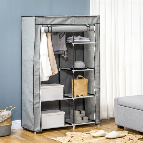HOMCOM Prenosna garderobna omara iz jekla, netkanega tekstila in PP s 6 odprtimi policami, 1 obe&amp;scaron;alnikom in dvižnimi vrati, 103x43x162,5 cm, siva, (20746067) Slike