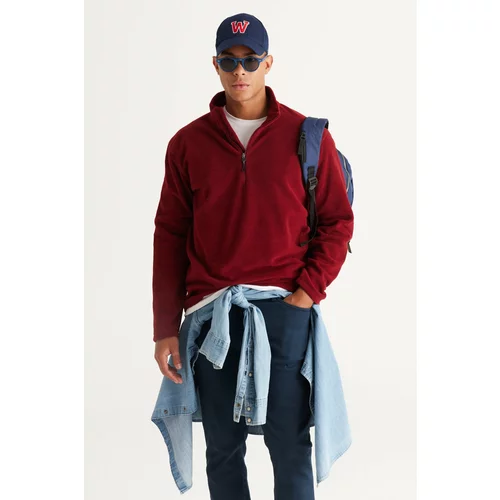 AC&Co / Altınyıldız Classics Men's Claret Red Standard Fit Normal Cut, Zippered Bato Collar, Heat-Protective Fleece Sweatshirt.