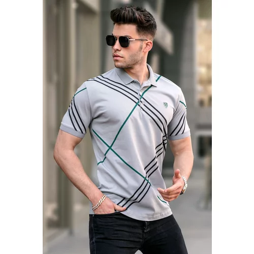 Madmext Painted Gray Patterned Polo Neck T-Shirt 5870