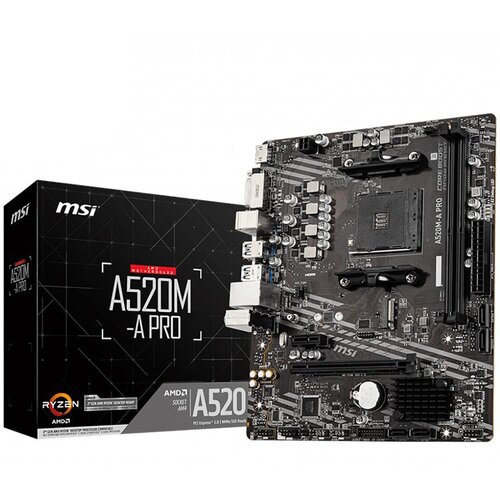 MSI Main Board Desktop A520M-A PRO (A520, AM4, 2xDDR4, 1x PCI-E 3.0 x16 slot,1x M.2 slot,4x USB 3.2 Gen1,2x USB 2.0,1x HDMI,1x DVI-D,Gigabit LAN,7.1 HD Audio, mATX, Retail) Cijene