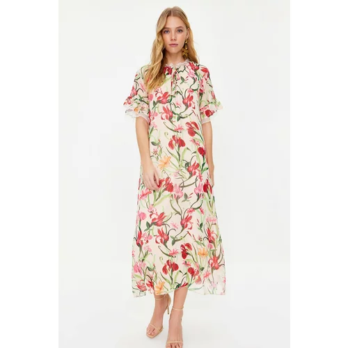 Trendyol Ecru Floral Sleeve and Collar Detailed Lined Chiffon Evening Dress