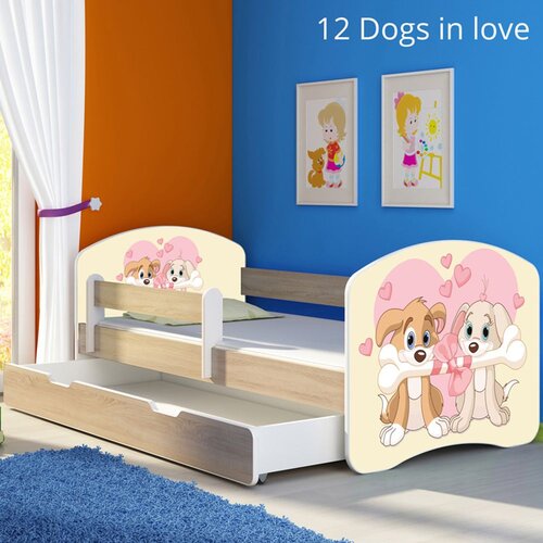 ACMA Dječji krevet s motivom, bočna sonoma + ladica 180x80 cm - 12 Dogs in Love Cijene