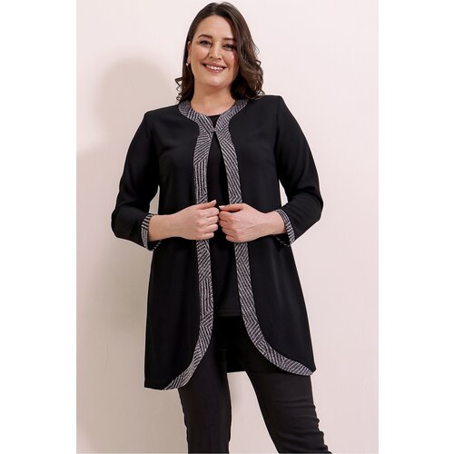 By Saygı The Front And The Ends Of The Sleeves Glittery Crepe Jacket Lycra Blouse Plus Size 2-Piece Set Black. Slike