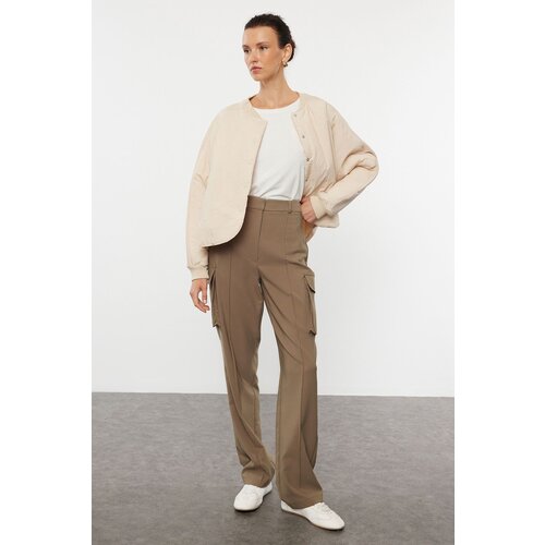 Trendyol dark khaki cargo straight cut woven double pocket woven trousers Cene