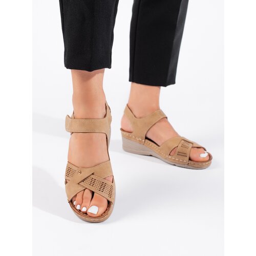 Shelvt Women's camel wedge sandals Cene