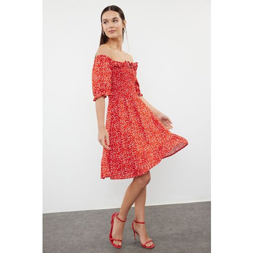 Trendyol Red Floral Patterned Skater Skirt Carmen Collar Viscose Woven Dress Cene