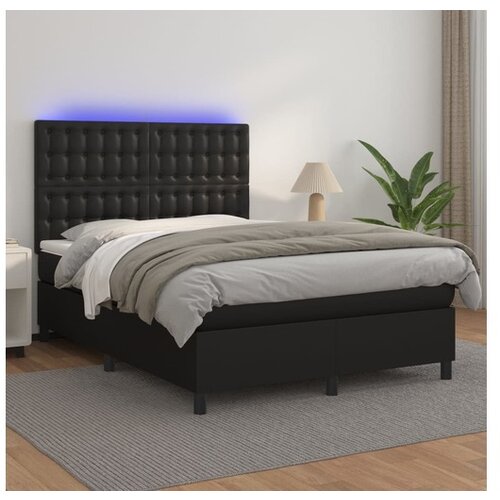  Box spring postelja z vzmetnico LED črna 140x200cm umetno usnje Slike
