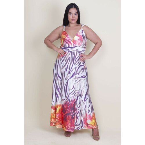 Şans Women's Large Size Colorful Strap Wraped Collar Color Dress Slike