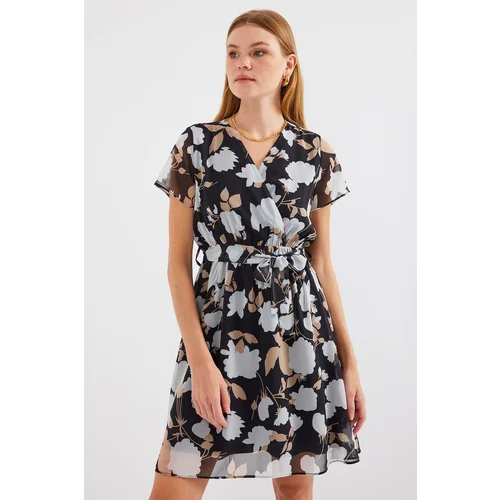 Bigdart 2502 Short Sleeve Patterned Chiffon Dress - A.Black