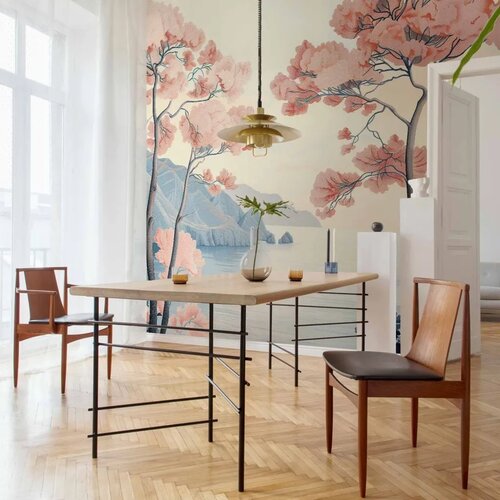  Foto tapeta - Landscape with the Ocean Cliffs and Trees in Delicate Pink Shades 300x210 Standard Slike