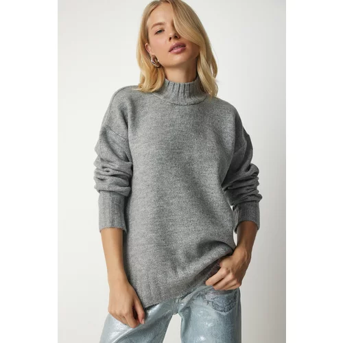 Happiness İstanbul Women's Gray Stand-Up Collar Soft Textured Knitwear Sweater
